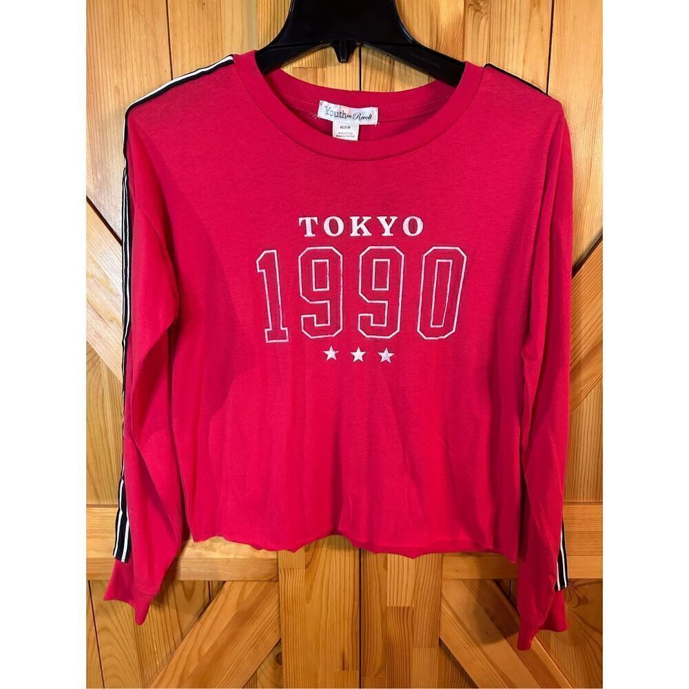 Youth in Revolt Womens Red Crop Top Long Sleeve Size M Striped Shirt Nwt (3984)